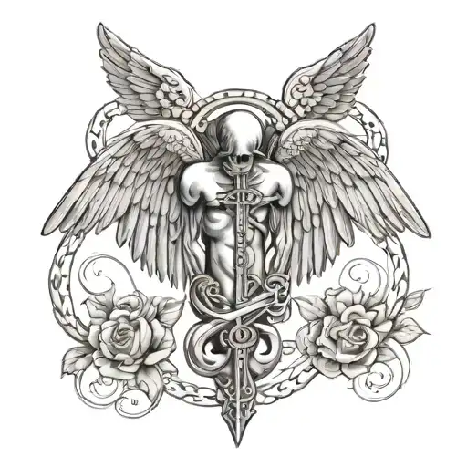 Angel Wings And Back And Rosary And Childhood And Staff Of Aesculapius