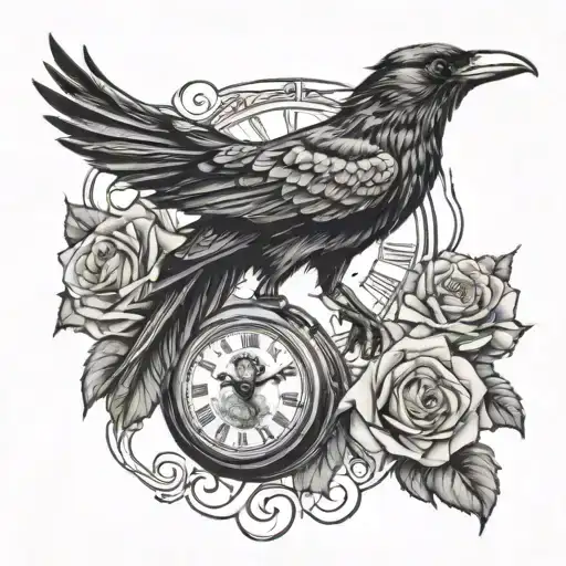 Sull Roses Surrounding Pocket Watch Crow Sitting