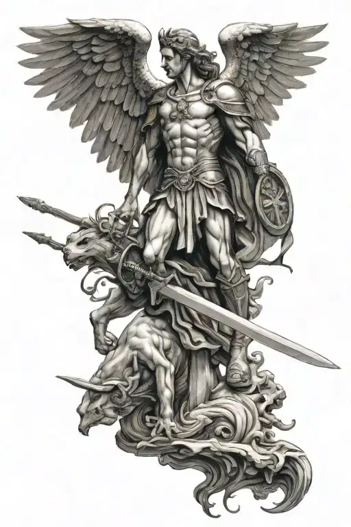 Saint Michael Stepping On Lucifer With Michael's Sword In Lucifer's Head