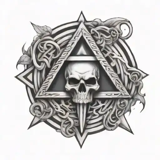 Design A Black-grey Tattoo Incorporating A Skull With Intertwined Valknut And Vegvisir Elements