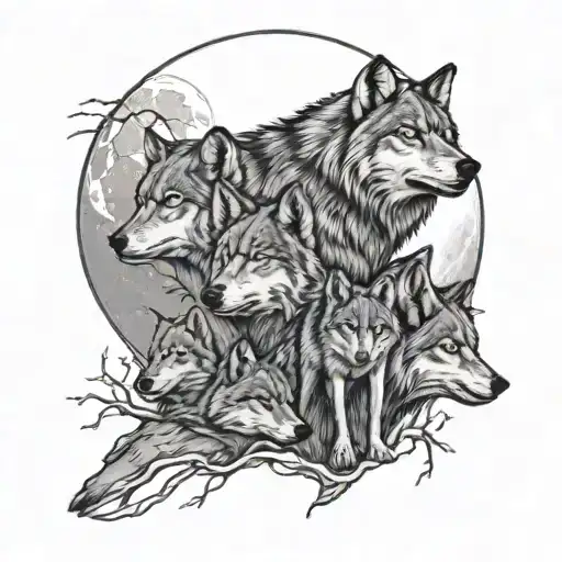 Wolf Pack 2 Adults Four Cubs Full Moon