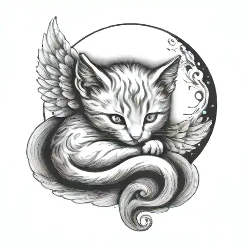 Angel Newborn Small Cozy Curled Up Cat And Full Moon