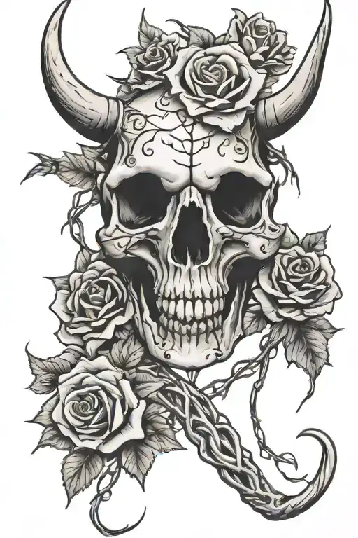 Barbwire Vines Longhorn Skull With Flowers