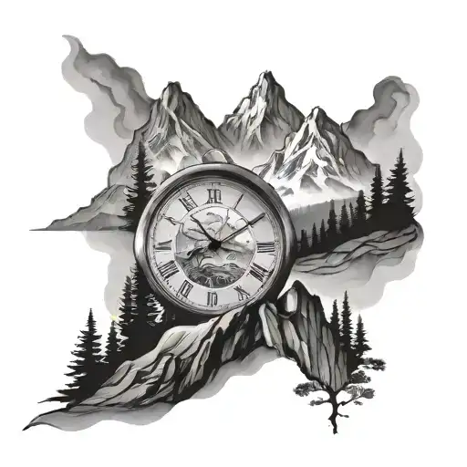 Mountains And A Clock In Nature