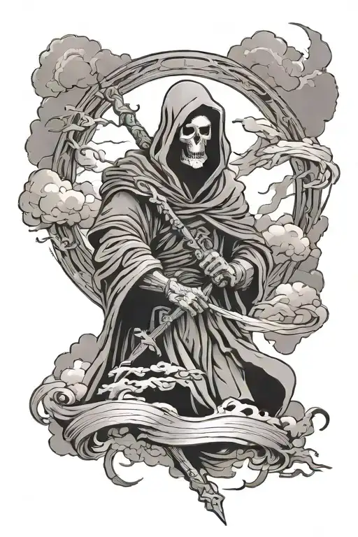 The Grim Reaper With A Big Halo Behind Him Surounded By Clouds