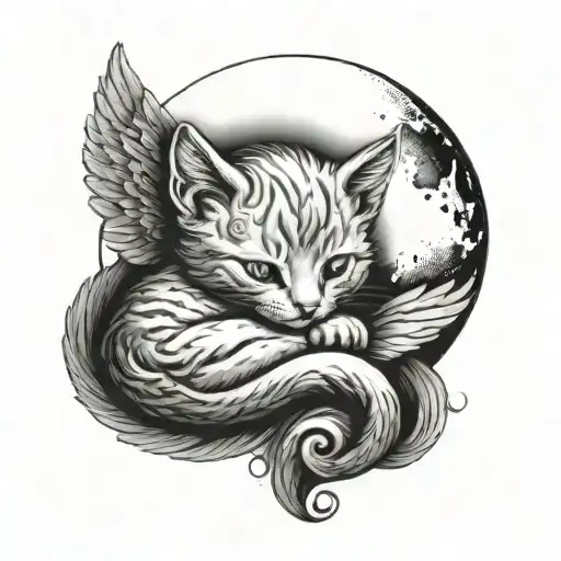 Angel Newborn Small Cozy Curled Up Cat And Full Moon