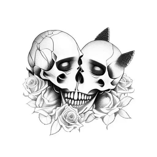 Woman In Skull Mouth With Roses Protected By A Dominant Wolf In The Moonlight