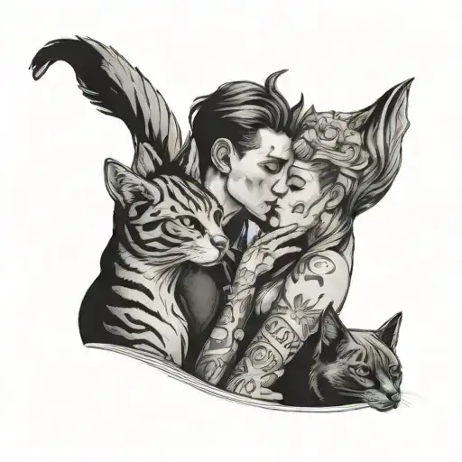 Girl Kisses Guy And Two Cats