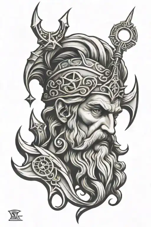 Poseidon Face With Trident And Compass Design