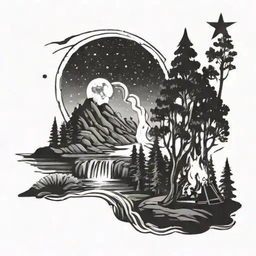 A Black-grey Tattoo Of A Night Sky Filled With Stars Above A Campfire By A Waterfall