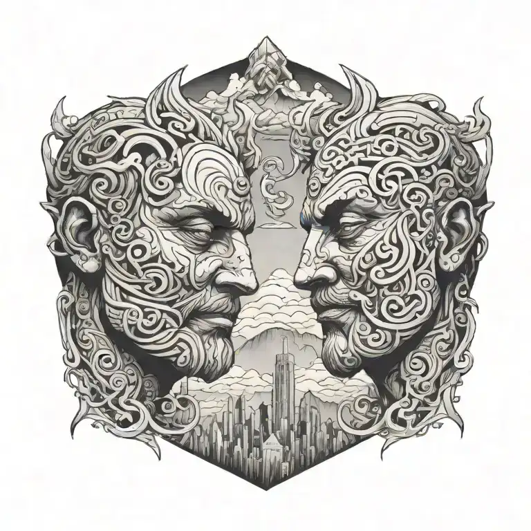 2 Gods Faces Looking Each Other One Morphs Into A City And The Other Morphs Into Mountains
