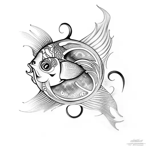 Psychedelic Tattoo Of A Pisces Fish Accompanied By Dancing Monkeys