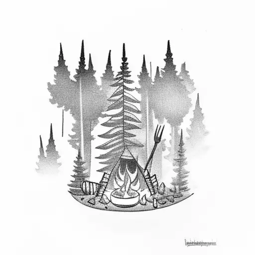 A Black-grey Tattoo Of A Forest Scene With A Campfire And Cooking Utensils