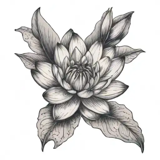 A Black And Grey Realistic Depiction Of A Waterlily And Larkspur Flower Blooming Together