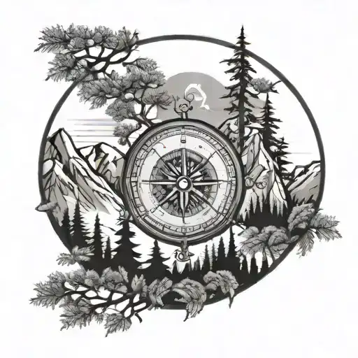 Mountains And Trees With Compass Design