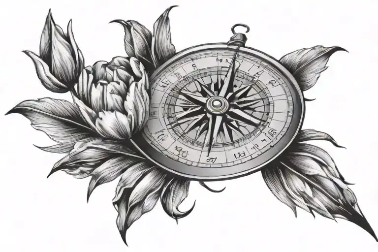 Create A Tattoo Stencil With And 8 Direction Compass Around A Circle Which Has Tulips Attached To It