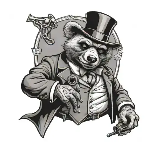 Mafioso Holding An Ametralladora With A Teddy Bear Peeking Out Of His Pocket