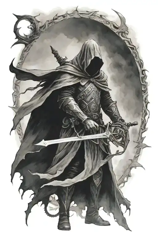 A Nazgul Holding A Sword With A Big Halo Behind His Back Surounded By Mist