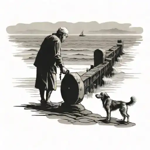 Old Man With Dog Looking At The Sea