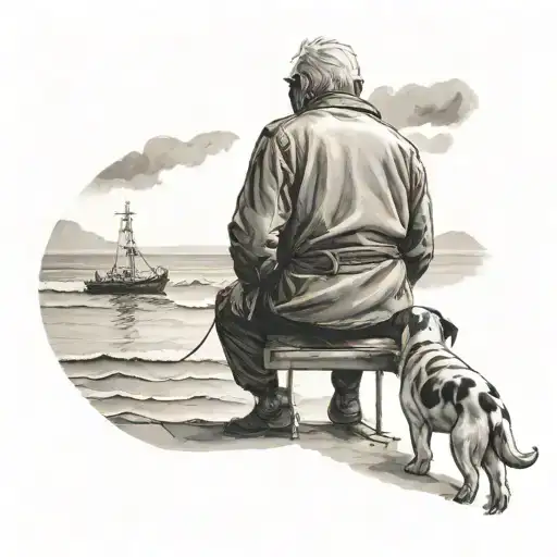 Old Man From Behind With Dog Looking At The Sea