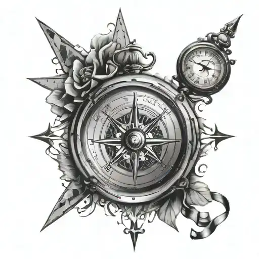 Compass Rose And A Clock On Maps