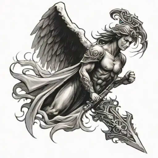 Angel With Open Wings With A Sword In The Middle With Lightning
