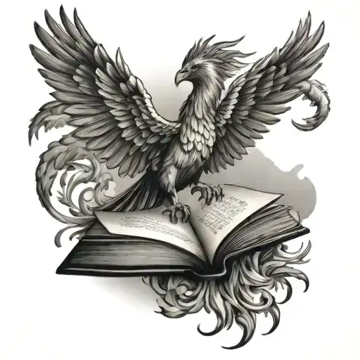 A Tattoo Design Featuring A Phoenix Reading A Book In A Serene Natural Setting