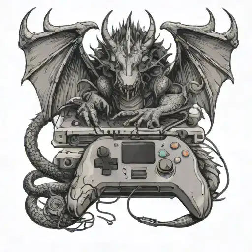 A Sleeping Dragon Wrapped Around A Gaming Console With Musical Instruments Scattered Around