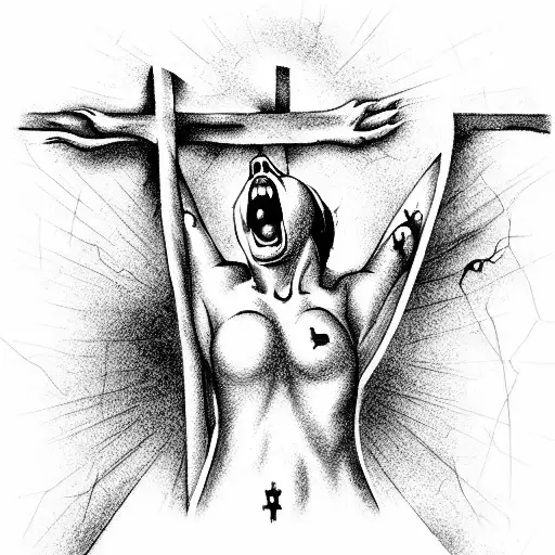 A Screaming Woman Crucifixed On A Cross In Raging Water
