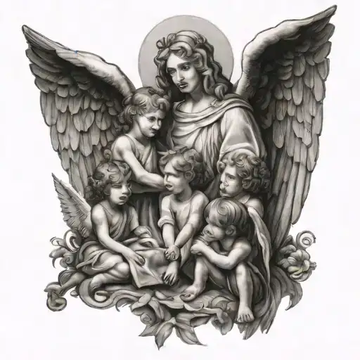 A Guardian Angel Watching Over A Group Of Grandchildren Playing Happily