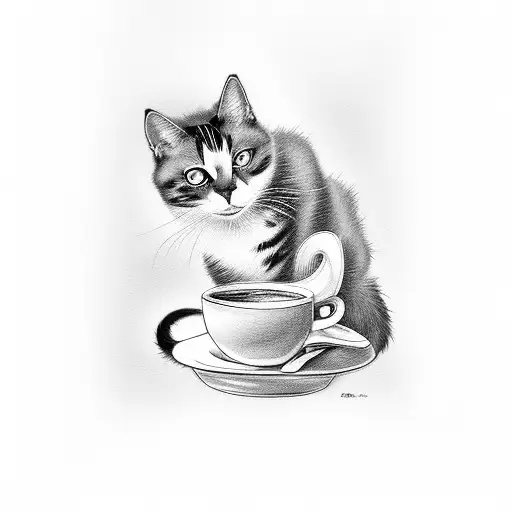Black Cat And White Cat Drinking Coffee