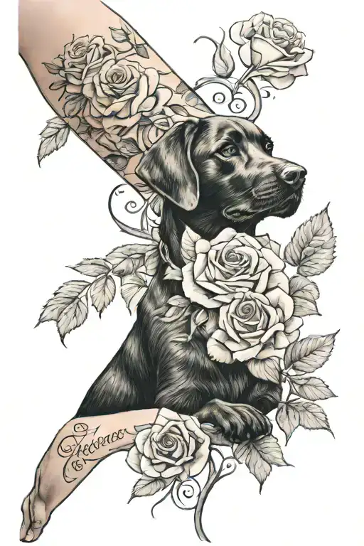Red Roses All Over Forearm With A Black Lab Girl With The Date 9 13 11