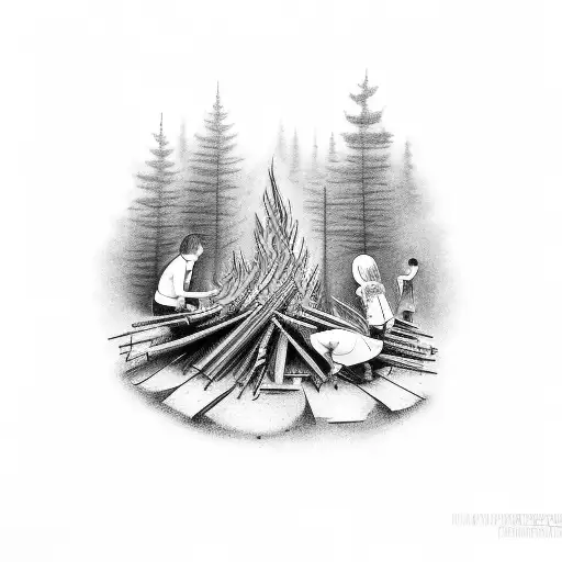 Family And Friends Gathered Around A Bonfire With A Construction Site In The Background