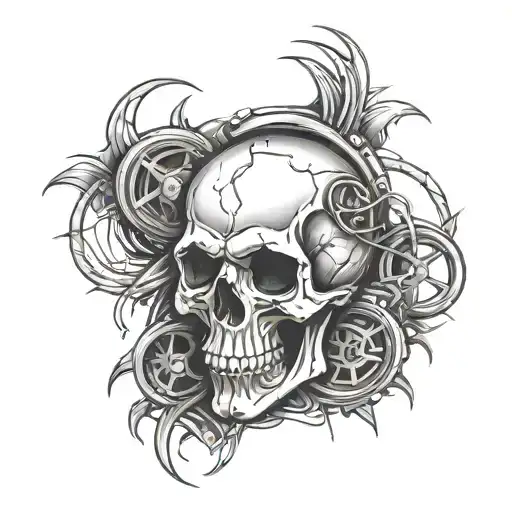 Create A Tattoo Design Featuring A Skull With Tire Tracks As The Background