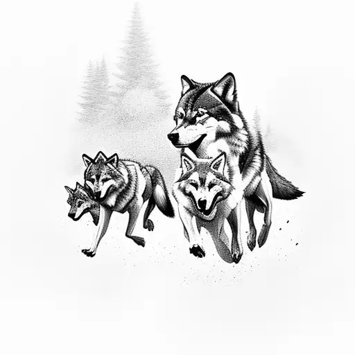 A Pack Of Wolves Running Through A Forest
