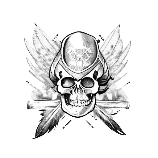 Pirate Flag With Parrot Skull With Crossed Feathers