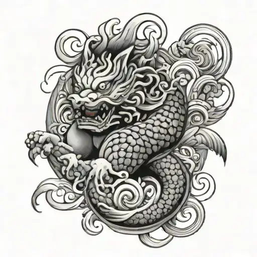 A Swirling School Of Koi Fish Surrounding A Meditating Foo Dog