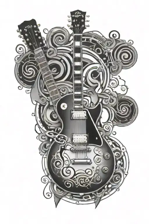 A Detailed Black And Grey Tattoo Of A Gibson Les Paul Guitar Surrounded By Musical Notes And Symbols
