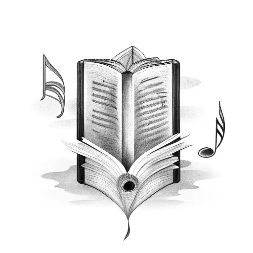 A Black-grey Tattoo Of An Open Book With Music Notes Flowing Out Of It