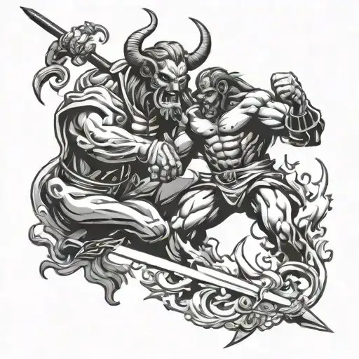 God Fighting Devil With Sword