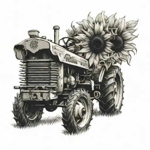 Sunflower With A Tractor Driving