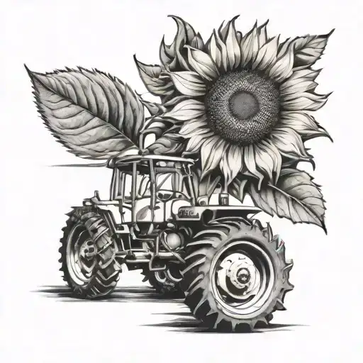 Sunflower With A Tractor Driving With R