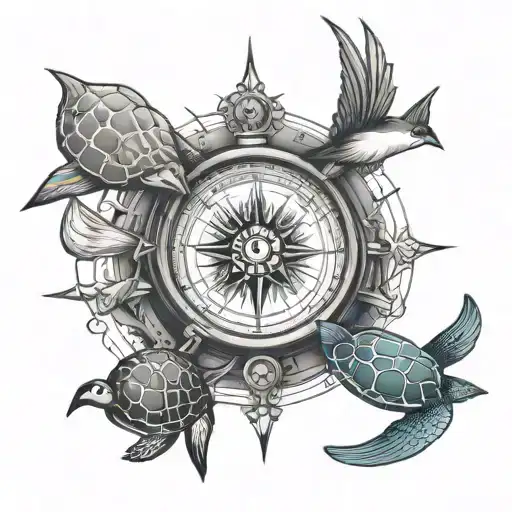 Compass And Turtle And 2 Swallows