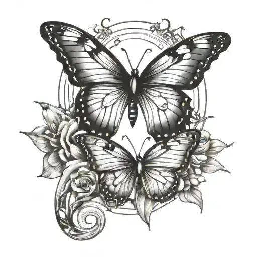 Line Work Tattoo With A Butterfly A Vertical Wave And Elements Of Astronomy