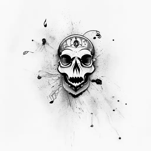 Ink Splash Skull With Music Notes Going In And Out The Ears