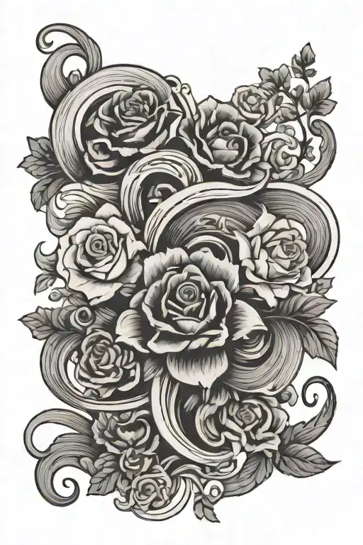 Black And White Waves And Flowers Surrounding