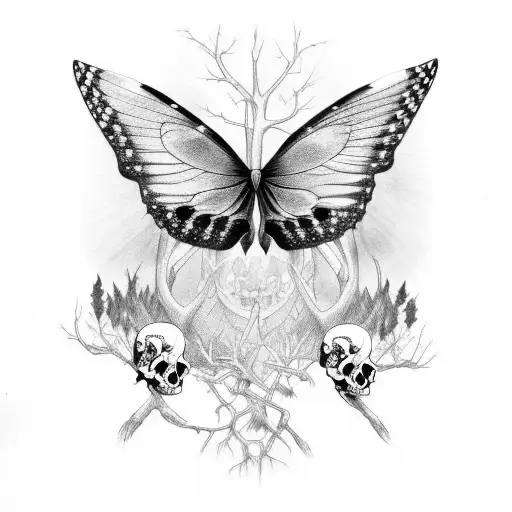 Gothic Butterflies And Skulls In A Forest