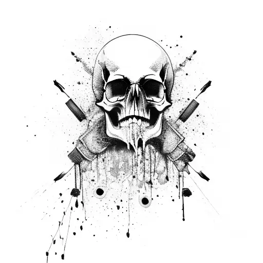 Ink Splash Skull With Music Nots Going In And Out The Ears