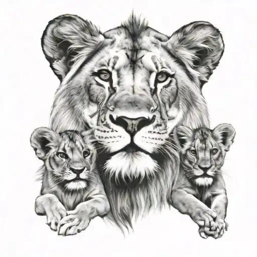 Lion With 2 Lion Cubs