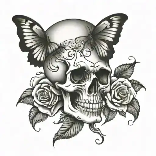 Skull And Roses With Butterflies